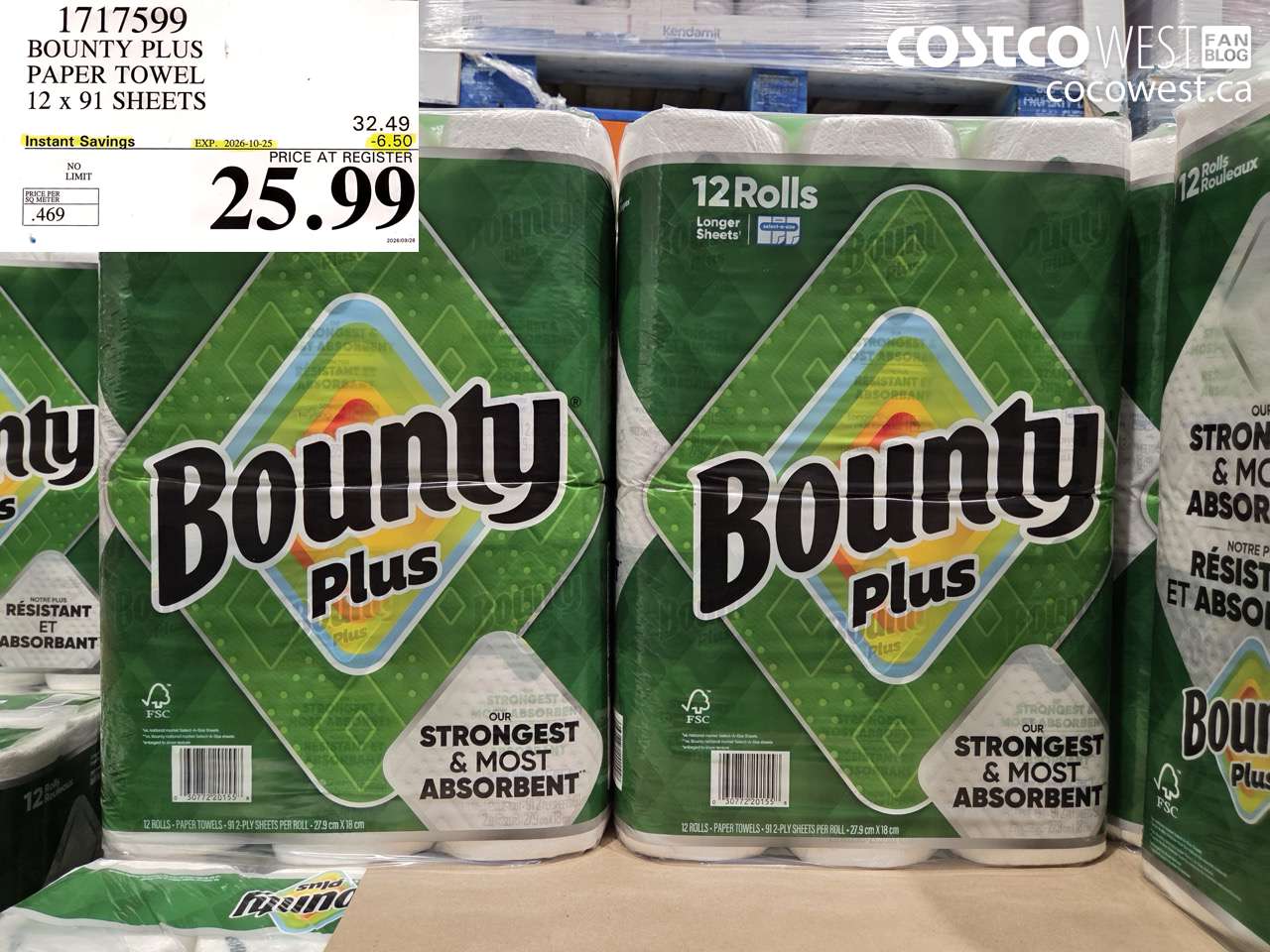1717599 BOUNTY PLUS PAPER TOWEL 12 X 91 SHEETS ($6.50 INSTANT SAVINGS EXPIRES ON 2026-10-25) $25.99