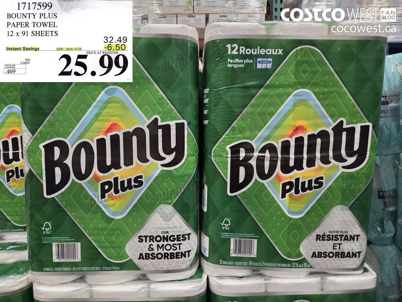 1717599 BOUNTY PLUS PAPER TOWEL 12 X 91 SHEETS ($6.50 INSTANT SAVINGS EXPIRES ON 2026-10-25) $25.99