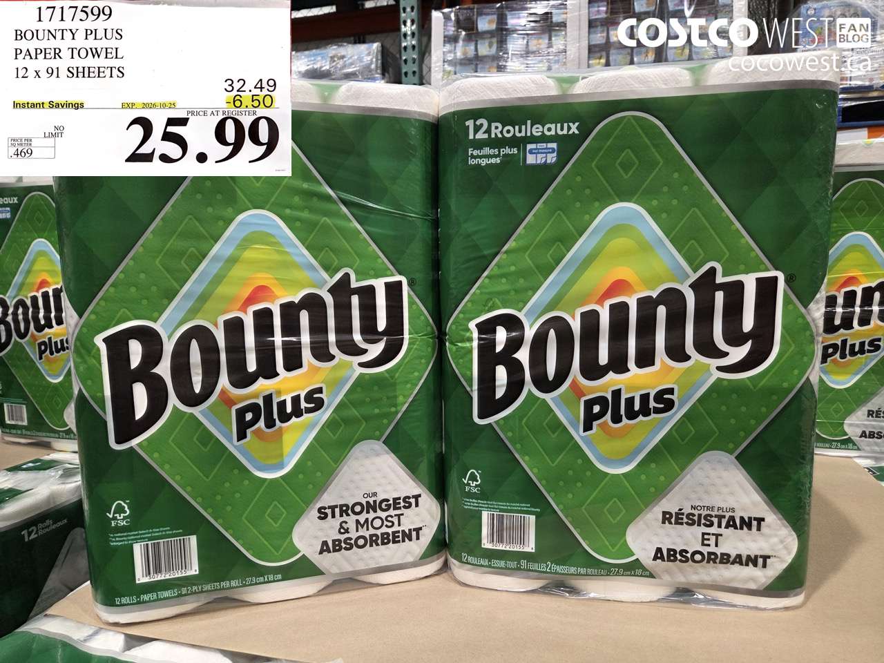 1717599 BOUNTY PLUS PAPER TOWEL 12 X 91 SHEETS ($6.50 INSTANT SAVINGS EXPIRES ON 2026-10-25) $25.99