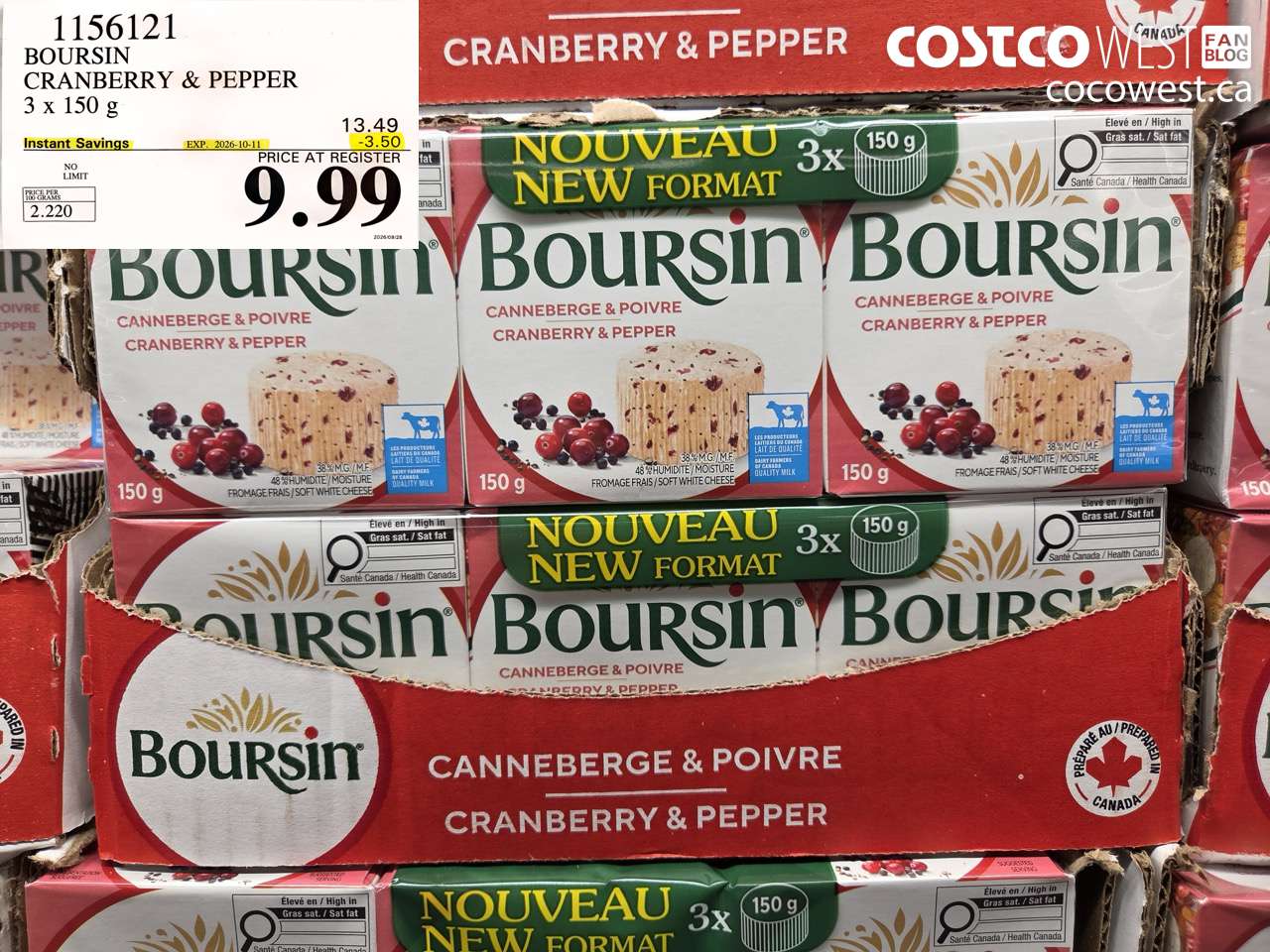 1156121 BOURSIN CRANBERRY & PEPPER 3 X 150 G ($3.50 INSTANT SAVINGS EXPIRES ON 2026-10-11) $9.99