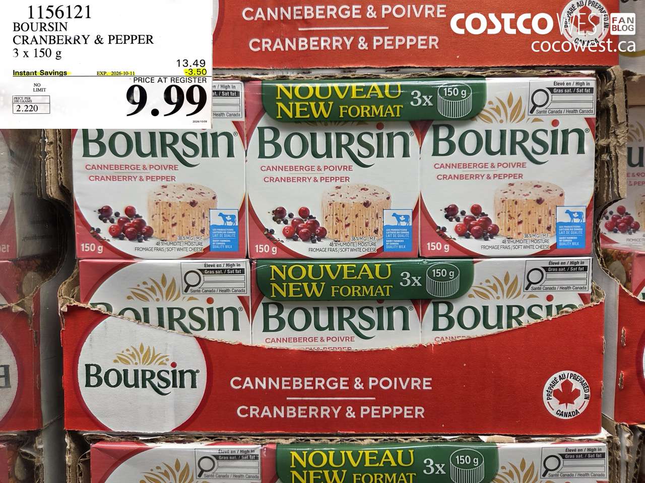 1156121 BOURSIN CRANBERRY & PEPPER 3 X 150 G ($3.50 INSTANT SAVINGS EXPIRES ON 2026-10-11) $9.99