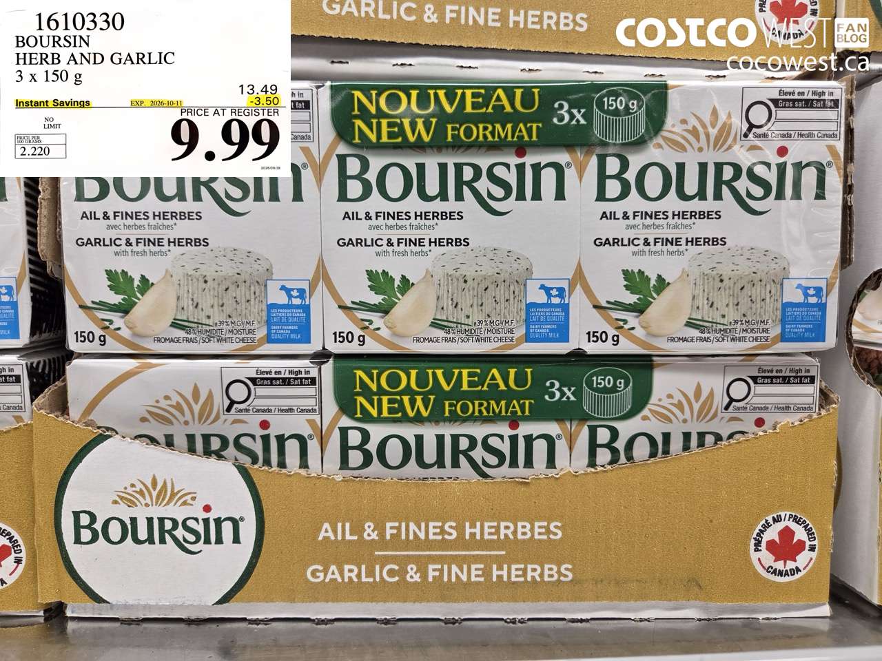 1610330 BOURSIN HERB AND GARLIC 3 X 150 G ($3.50 INSTANT SAVINGS EXPIRES ON 2026-10-11) $9.99