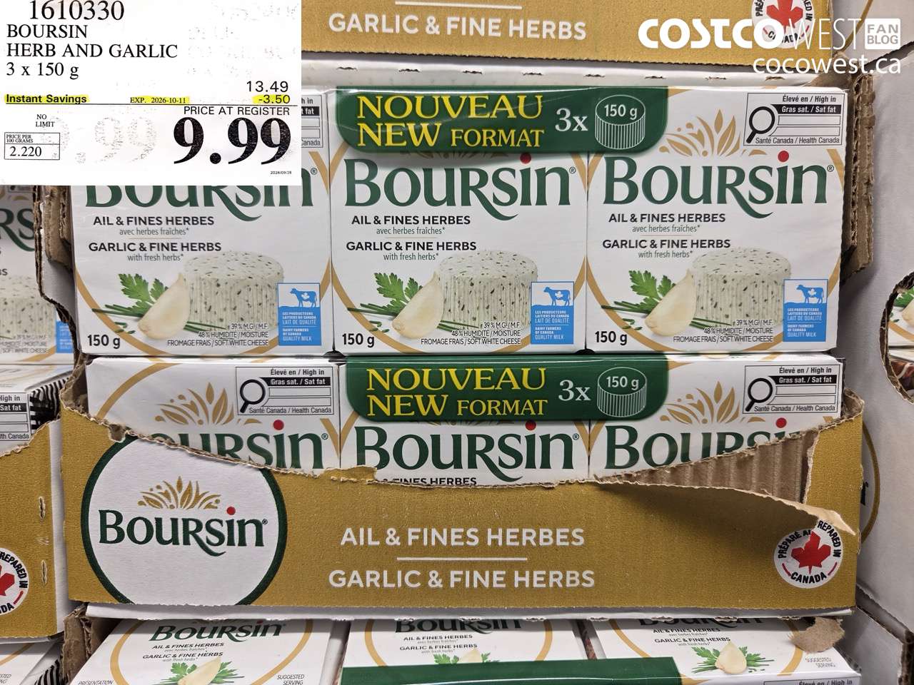 1610330 BOURSIN HERB AND GARLIC 3 X 150 G ($3.50 INSTANT SAVINGS EXPIRES ON 2026-10-11) $9.99
