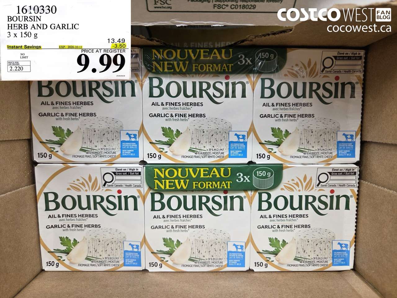 1610330 BOURSIN HERB AND GARLIC 3 X 150 G ($3.50 INSTANT SAVINGS EXPIRES ON 2026-10-11) $9.99