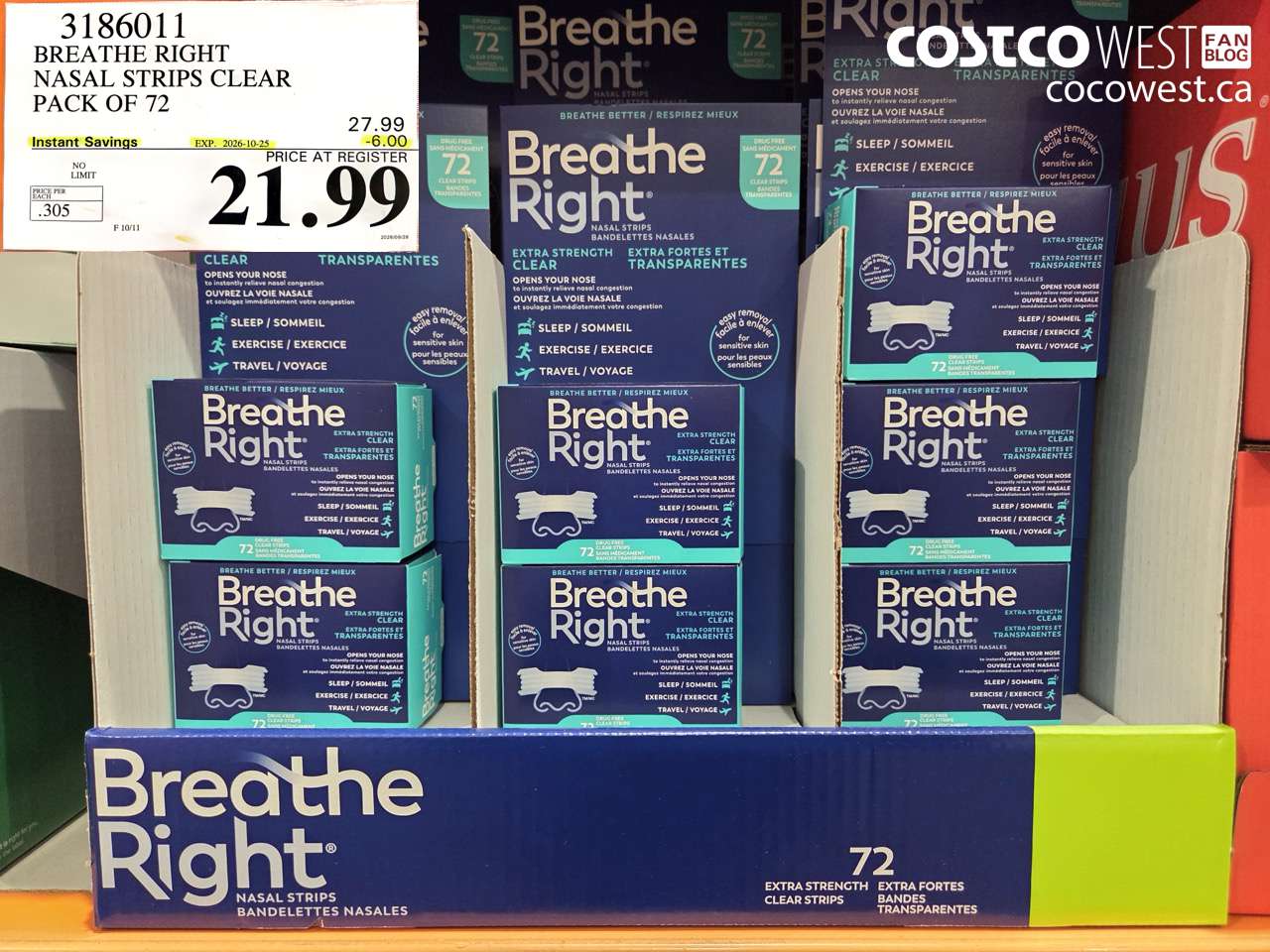 3186011 BREATHE RIGHT NASAL STRIPS CLEAR PACK OF 72 ($6.00 INSTANT SAVINGS EXPIRES ON 2026-10-25) $21.99