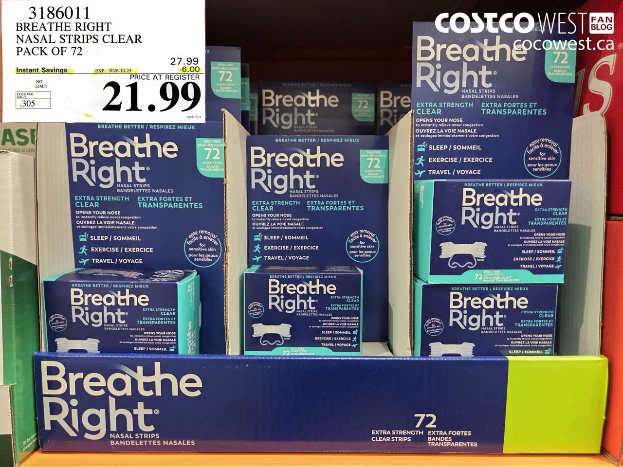 3186011 BREATHE RIGHT NASAL STRIPS CLEAR PACK OF 72 ($6.00 INSTANT SAVINGS EXPIRES ON 2026-10-25) $21.99