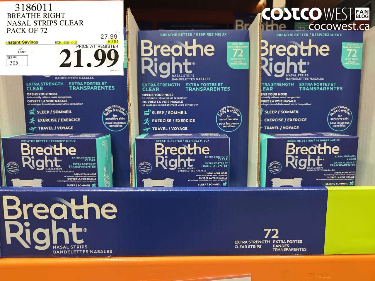 3186011 BREATHE RIGHT NASAL STRIPS CLEAR PACK OF 72 ($6.00 INSTANT SAVINGS EXPIRES ON 2026-10-25) $21.99