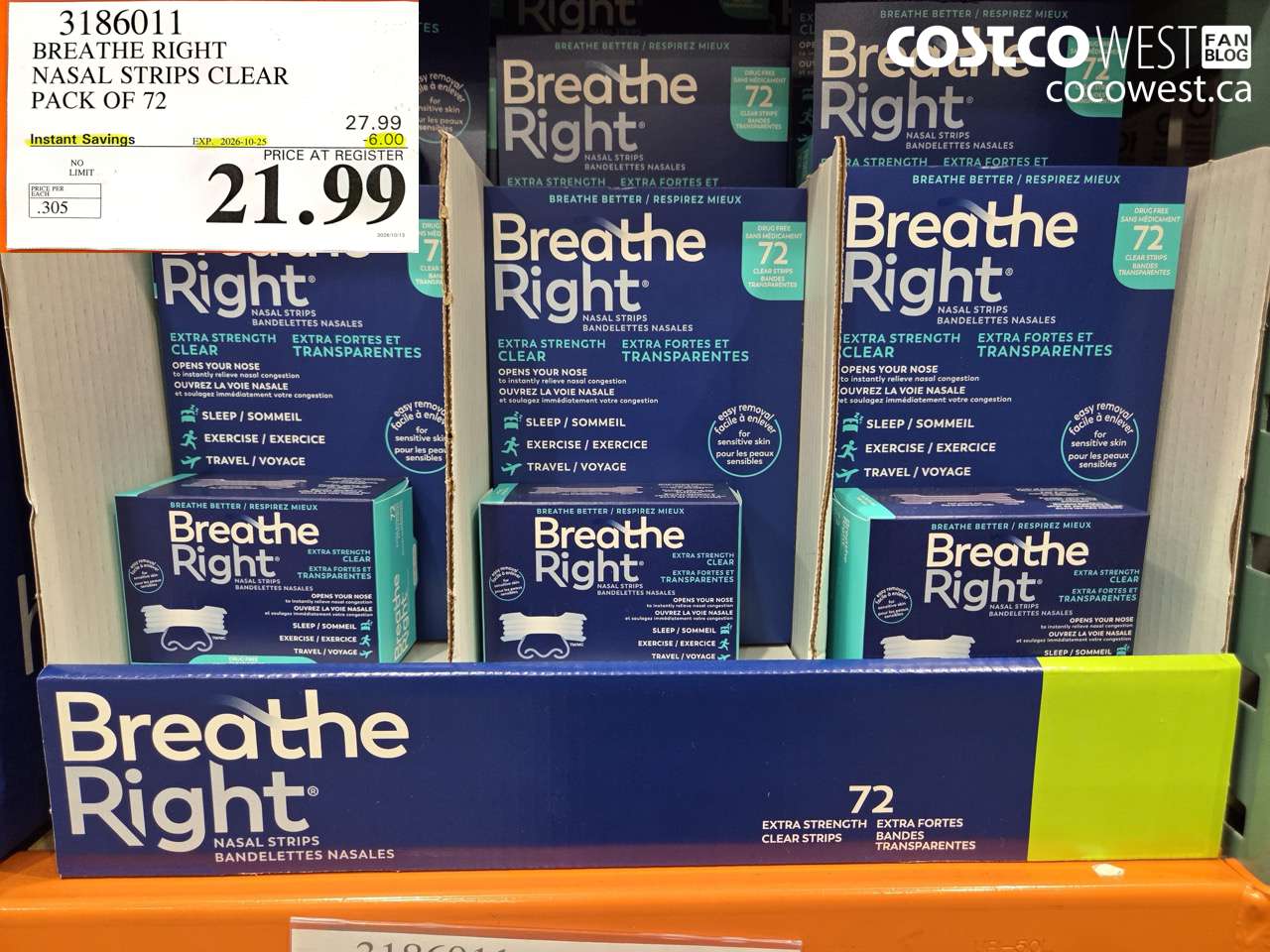 3186011 BREATHE RIGHT NASAL STRIPS CLEAR PACK OF 72 ($6.00 INSTANT SAVINGS EXPIRES ON 2026-10-25) $21.99