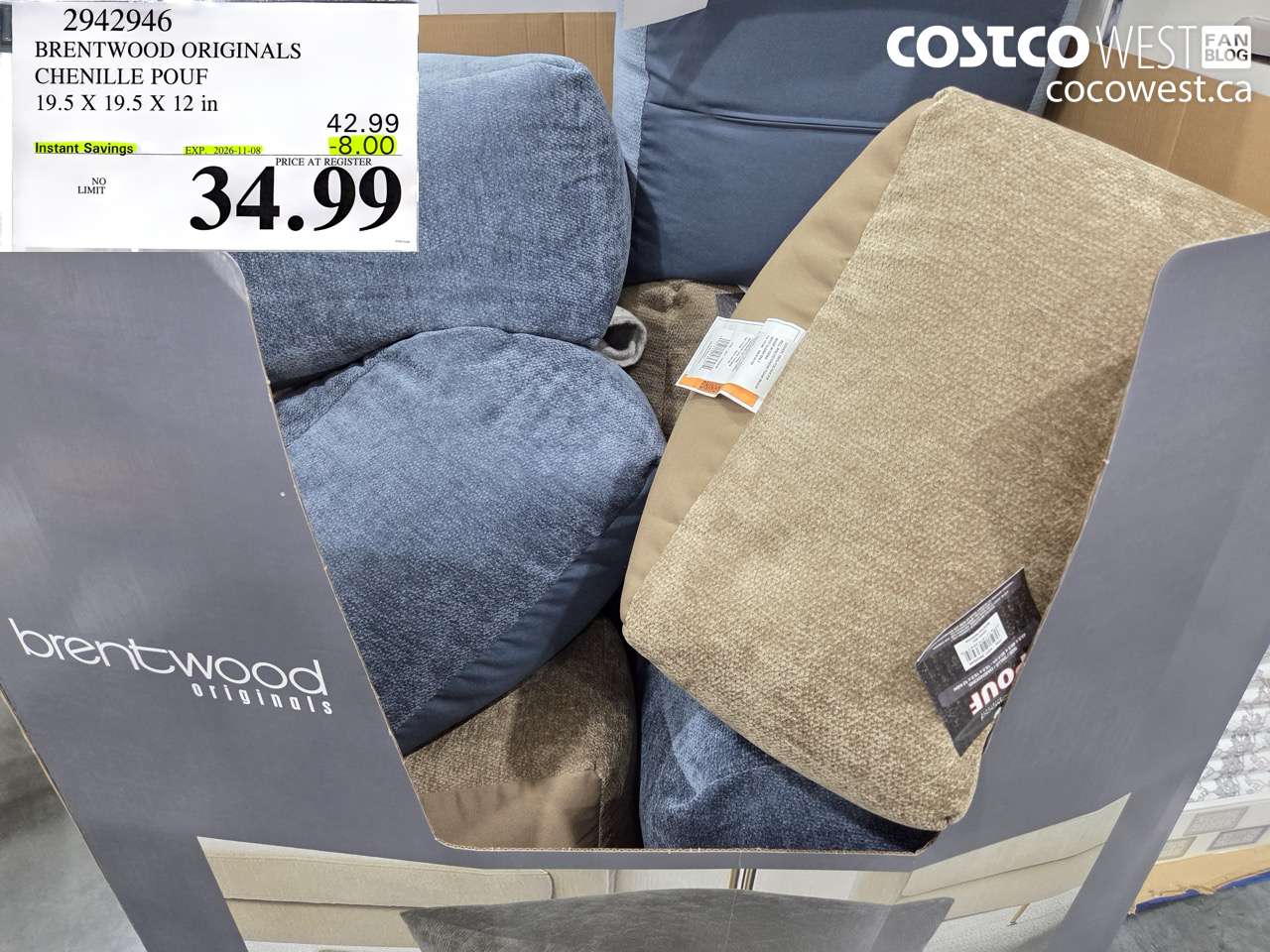 2942946 BRENTWOOD ORIGINALS CHENILLE POUF 19.5 X 19.5 X 12 IN ($8.00 INSTANT SAVINGS EXPIRES ON 2026-11-08) $34.99