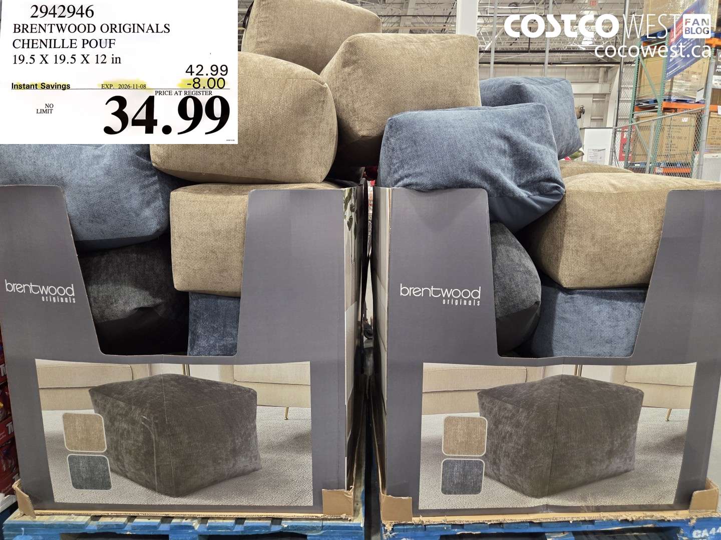 2942946 BRENTWOOD ORIGINALS CHENILLE POUF 19.5 X 19.5 X 12 IN ($8.00 INSTANT SAVINGS EXPIRES ON 2026-11-08) $34.99