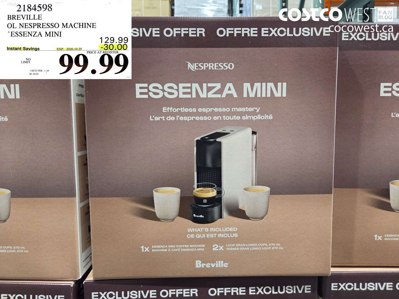 2184598 BREVILLE OL NESPRESSO MACHINE ESSENZA MINI ($30.00 INSTANT SAVINGS EXPIRES ON 2026-10-25) $99.99