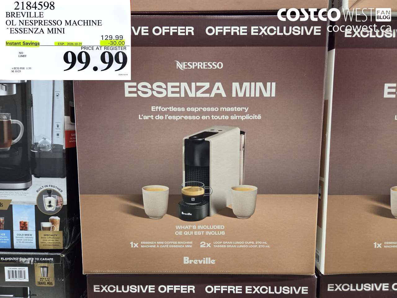 2184598 BREVILLE OL NESPRESSO MACHINE ESSENZA MINI ($30.00 INSTANT SAVINGS EXPIRES ON 2026-10-25) $99.99