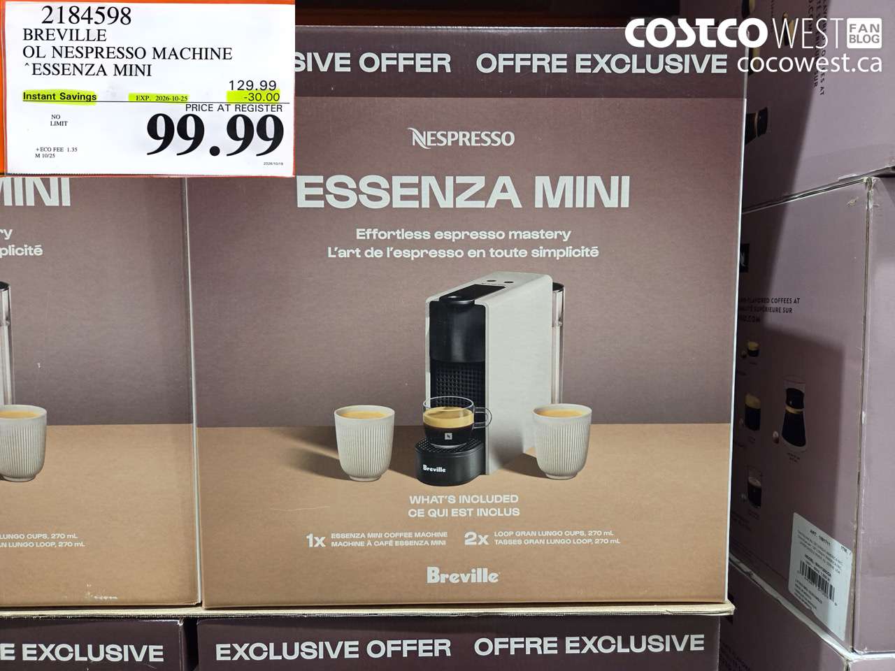 2184598 BREVILLE OL NESPRESSO MACHINE ESSENZA MINI ($30.00 INSTANT SAVINGS EXPIRES ON 2026-10-25) $99.99