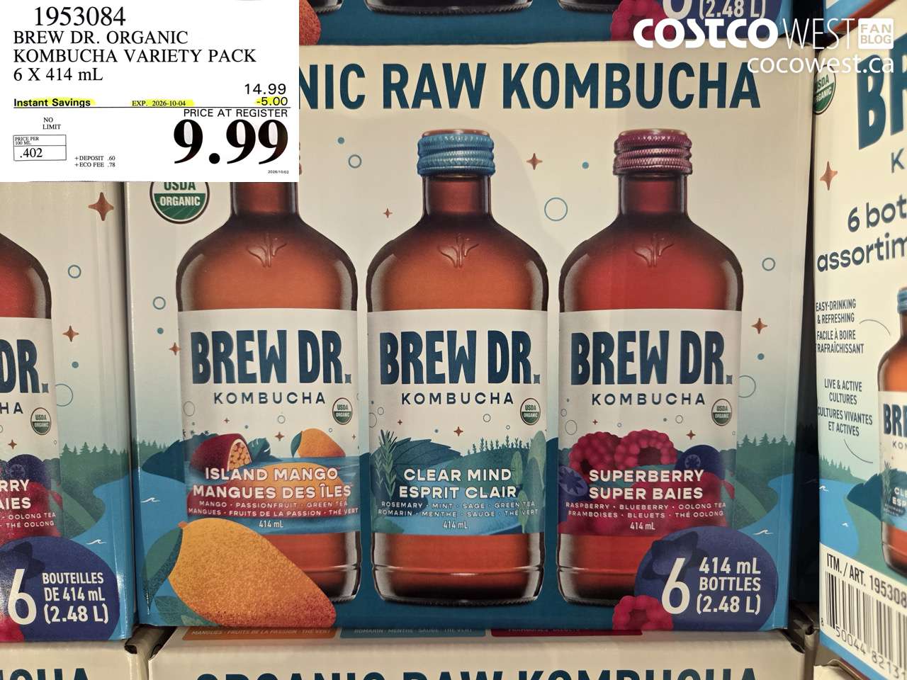 1953084 BREW DR. ORGANIC KOMBUCHA VARIETY PACK 6 X 414 ML ($5.00 INSTANT SAVINGS EXPIRES ON 2026-10-04) $9.99