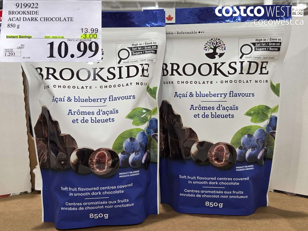 919922 BROOKSIDE ACAI DARK CHOCOLATE 850 G ($3.00 INSTANT SAVINGS EXPIRES ON 2026-11-08) $10.99