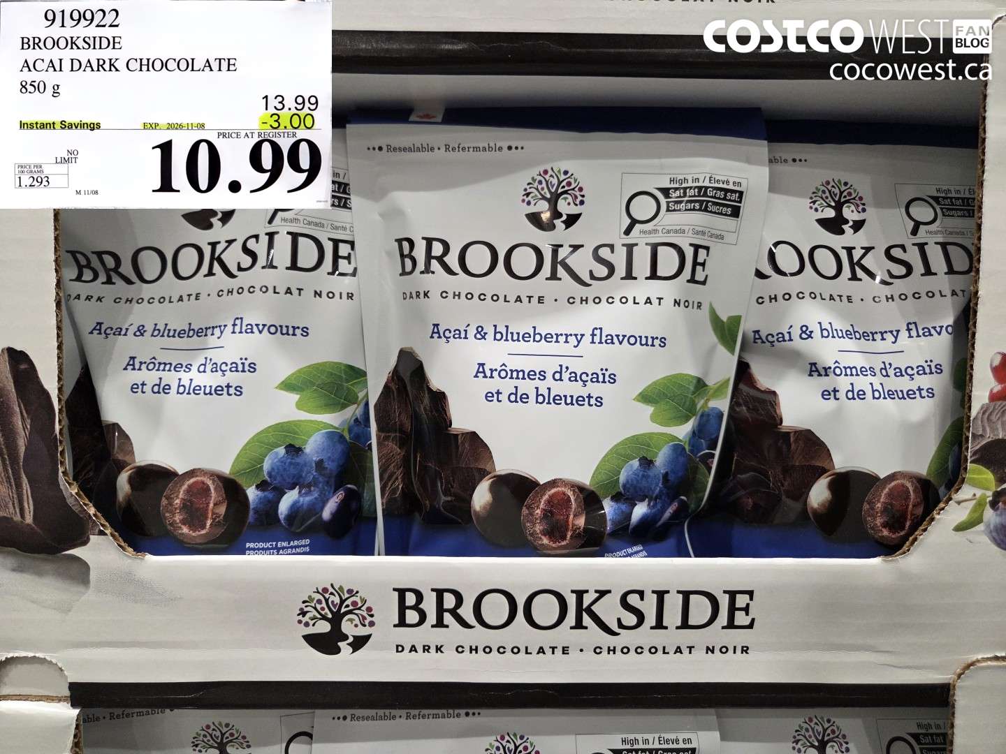 919922 BROOKSIDE ACAI DARK CHOCOLATE 850 G ($3.00 INSTANT SAVINGS EXPIRES ON 2026-11-08) $10.99