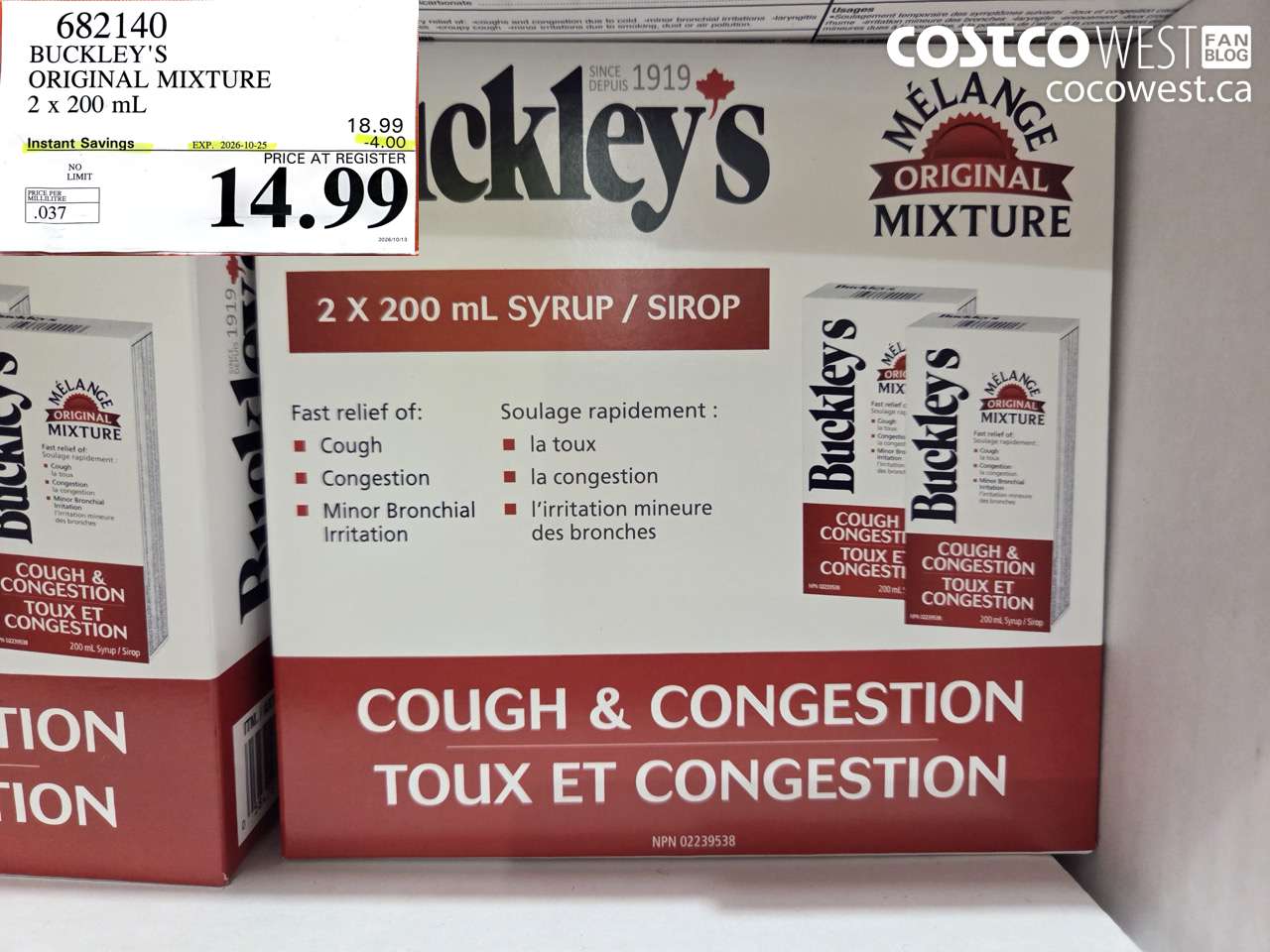 682140 BUCKLEY'S ORIGINAL MIXTURE 2 X 200 ML ($4.00 INSTANT SAVINGS EXPIRES ON 2026-10-25) $14.99