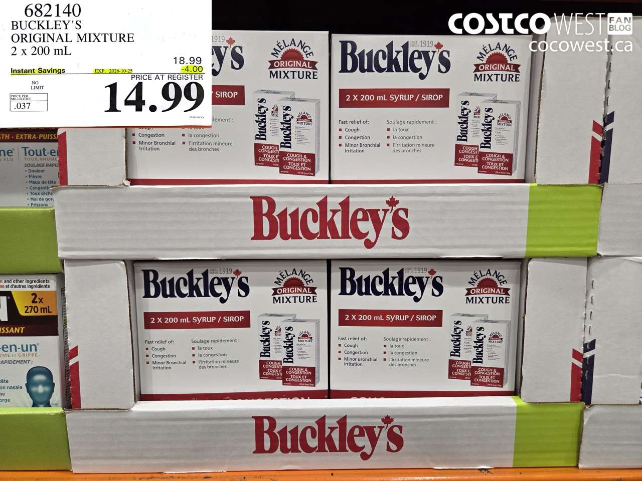 682140 BUCKLEY'S ORIGINAL MIXTURE 2 X 200 ML ($4.00 INSTANT SAVINGS EXPIRES ON 2026-10-25) $14.99