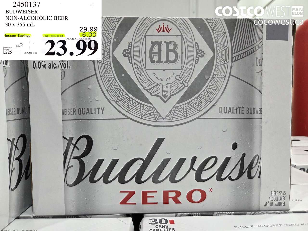 2450137 BUDWEISER NON-ALCOHOLIC BEER 30 X 355 ML ($6.00 INSTANT SAVINGS EXPIRES ON 2026-11-08) $23.99