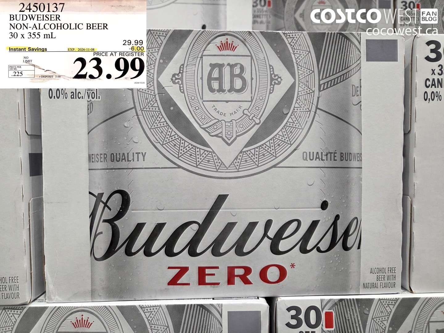 2450137 BUDWEISER NON-ALCOHOLIC BEER 30 X 355 ML ($6.00 INSTANT SAVINGS EXPIRES ON 2026-11-08) $23.99