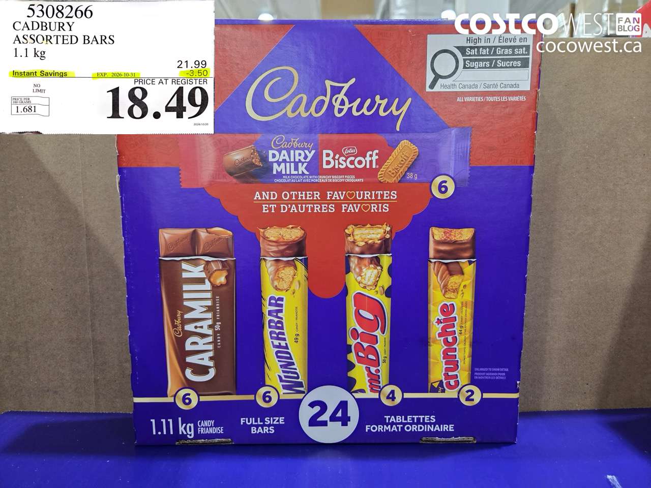 5308266 CADBURY ASSORTED BARS 1.1 KG ($3.50 INSTANT SAVINGS EXPIRES ON 2026-10-31) $18.49