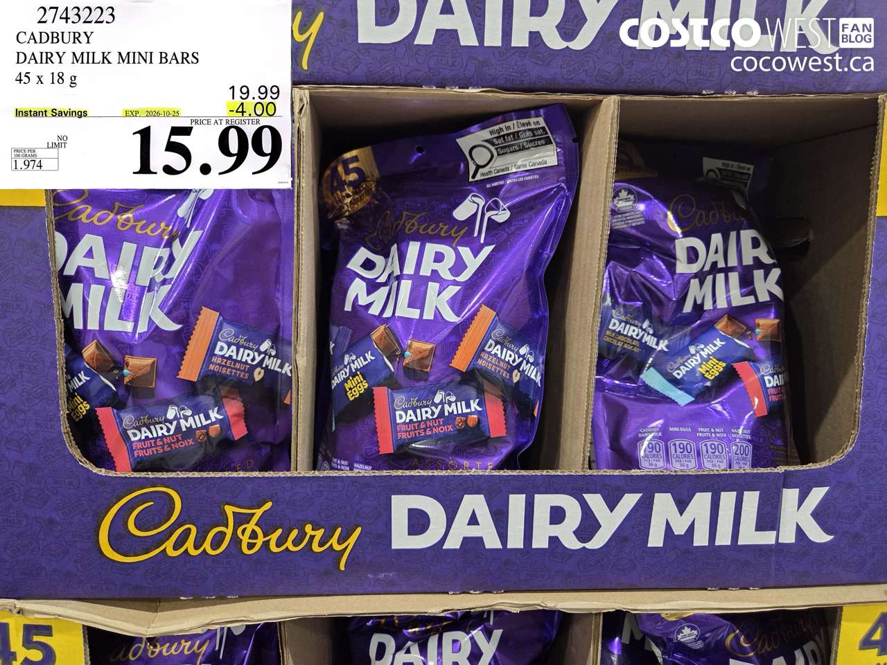 2743223 CADBURY DAIRY MILK MINI BARS 45 X 18 G ($4.00 INSTANT SAVINGS EXPIRES ON 2026-10-25) $15.99