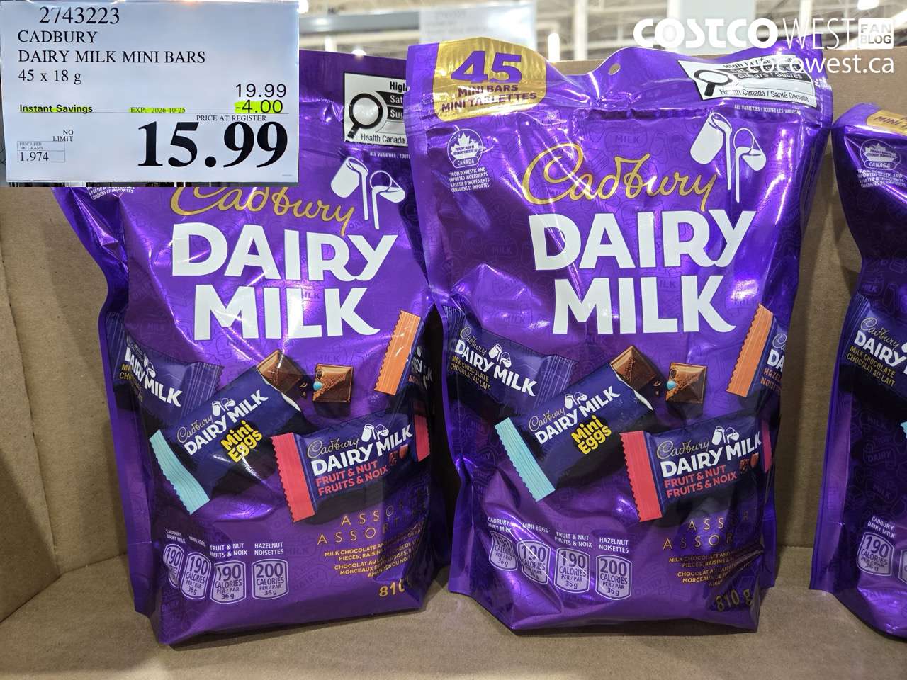 2743223 CADBURY DAIRY MILK MINI BARS 45 X 18 G ($4.00 INSTANT SAVINGS EXPIRES ON 2026-10-25) $15.99