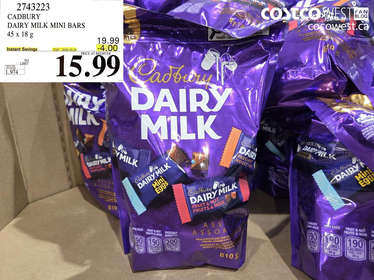 2743223 CADBURY DAIRY MILK MINI BARS 45 X 18 G ($4.00 INSTANT SAVINGS EXPIRES ON 2026-10-25) $15.99