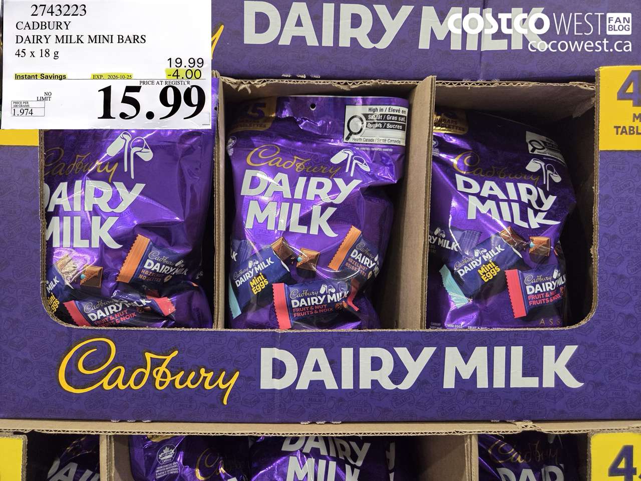 2743223 CADBURY DAIRY MILK MINI BARS 45 X 18 G ($4.00 INSTANT SAVINGS EXPIRES ON 2026-10-25) $15.99