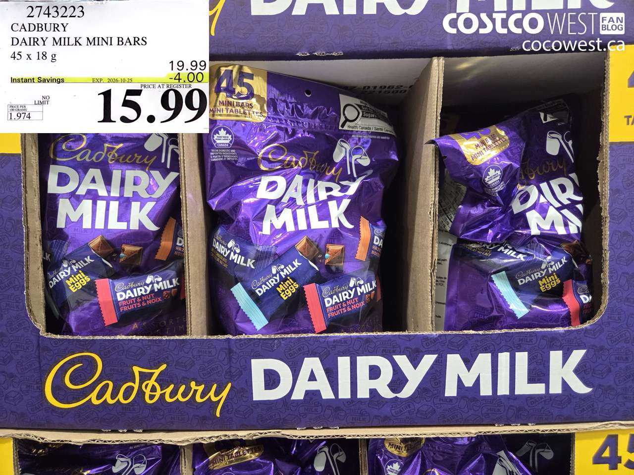 2743223 CADBURY DAIRY MILK MINI BARS 45 X 18 G ($4.00 INSTANT SAVINGS EXPIRES ON 2026-10-25) $15.99