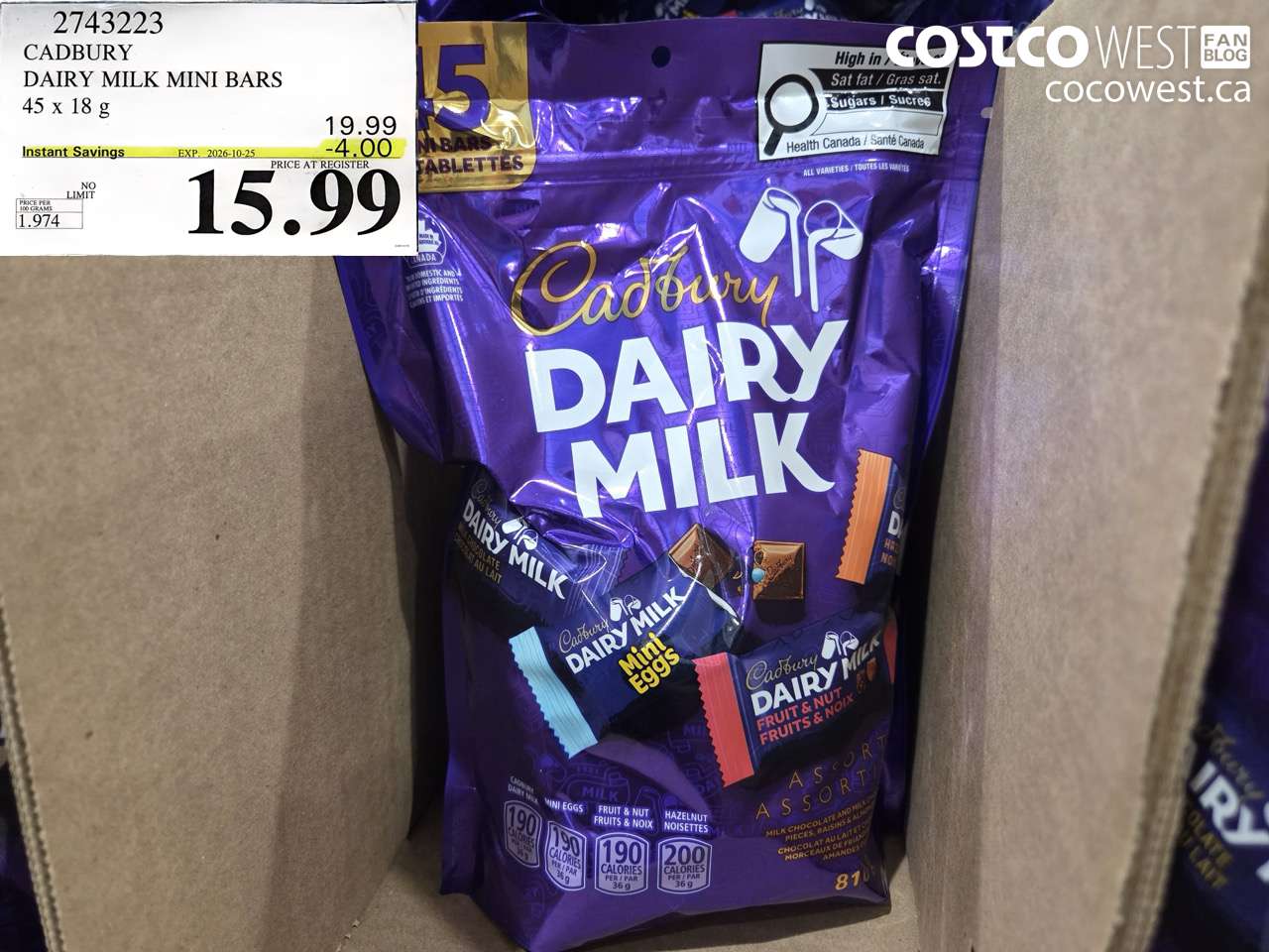 2743223 CADBURY DAIRY MILK MINI BARS 45 X 18 G ($4.00 INSTANT SAVINGS EXPIRES ON 2026-10-25) $15.99