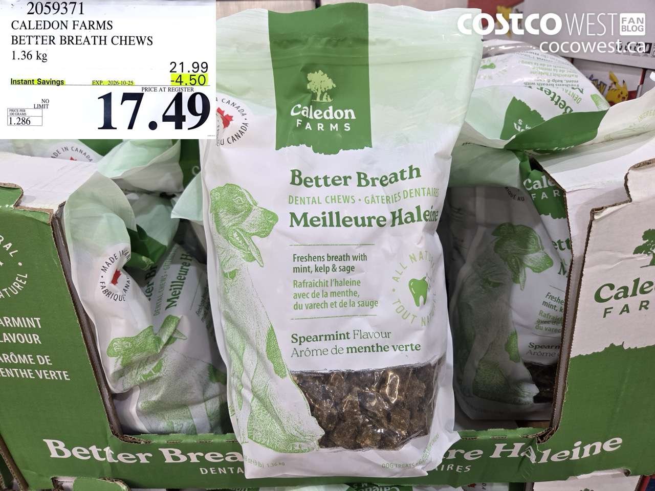 2059371 CALEDON FARMS BETTER BREATH CHEWS 1.36 KG ($4.50 INSTANT SAVINGS EXPIRES ON 2026-10-25) $17.49