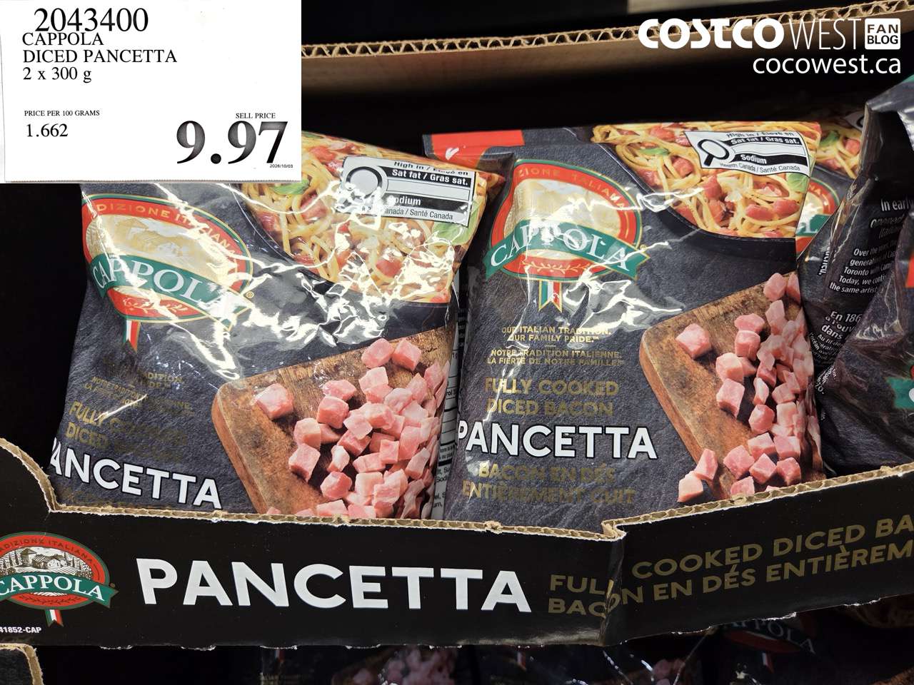 2043400 CAPPOLA DICED PANCETTA 2 X 300 G $9.97