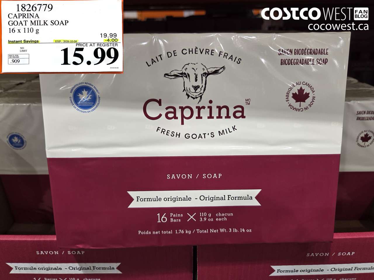 1826779 CAPRINA GOAT MILK SOAP 16 X 110 G ($4.00 INSTANT SAVINGS EXPIRES ON 2026-10-04) $15.99