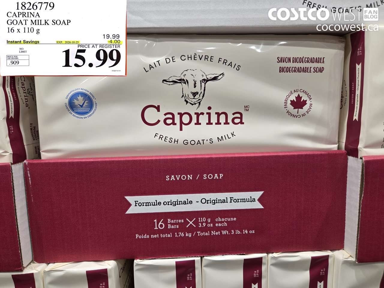 1826779 CAPRINA GOAT MILK SOAP 16 X 110 G ($4.00 INSTANT SAVINGS EXPIRES ON 2026-10-25) $15.99