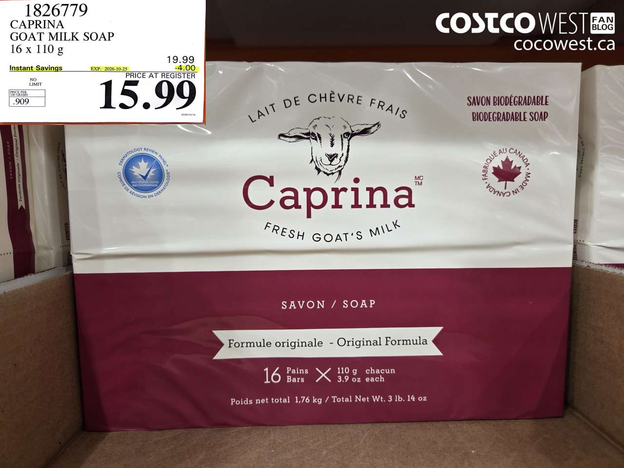 1826779 CAPRINA GOAT MILK SOAP 16 X 110 G ($4.00 INSTANT SAVINGS EXPIRES ON 2026-10-25) $15.99