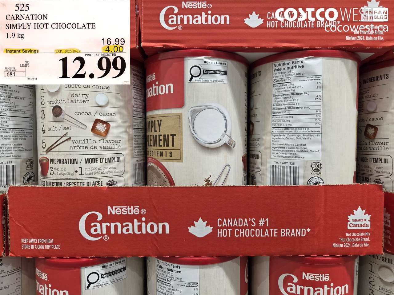 525 CARNATION SIMPLY HOT CHOCOLATE 1.9 KG ($4.00 INSTANT SAVINGS EXPIRES ON 2026-10-25) $12.99