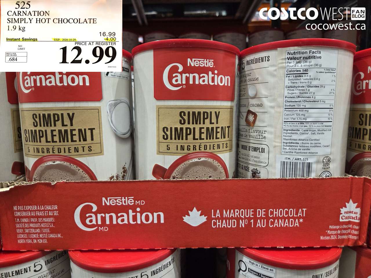 525 CARNATION SIMPLY HOT CHOCOLATE 1.9 KG ($4.00 INSTANT SAVINGS EXPIRES ON 2026-10-29) $12.99