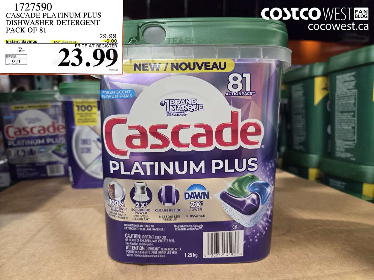 1727590 CASCADE PLATINUM PLUS DISHWASHER DETERGENT PACK OF 81 ($6.00 INSTANT SAVINGS EXPIRES ON 2026-10-04) $23.99