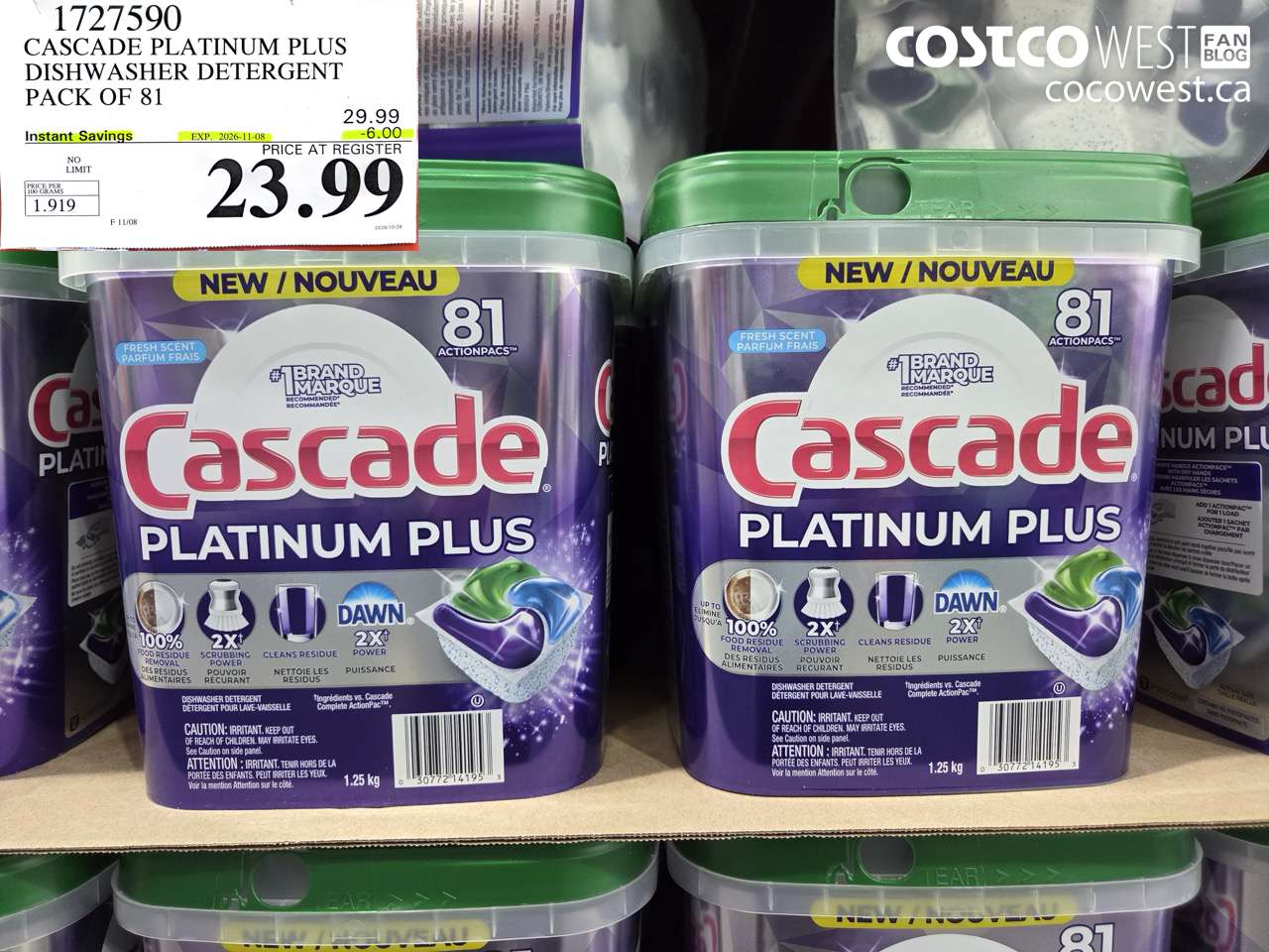 1727590 CASCADE PLATINUM PLUS DISHWASHER DETERGENT PACK OF 81 ($6.00 INSTANT SAVINGS EXPIRES ON 2026-11-08) $23.99