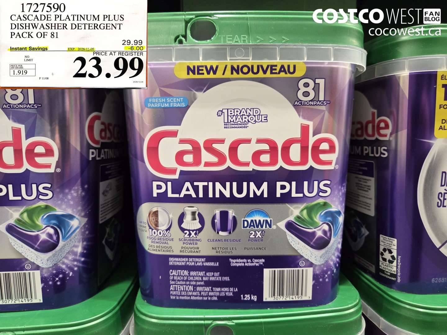 1727590 CASCADE PLATINUM PLUS DISHWASHER DETERGENT PACK OF 81 ($6.00 INSTANT SAVINGS EXPIRES ON 2026-11-08) $23.99