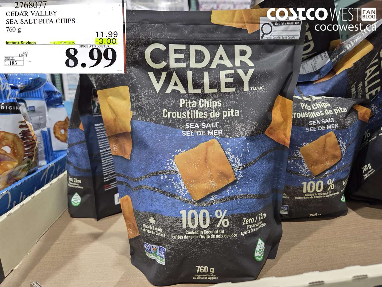 2768077 CEDAR VALLEY SEA SALT PITA CHIPS 760 G ($3.00 INSTANT SAVINGS EXPIRES ON 2026-10-25) $8.99