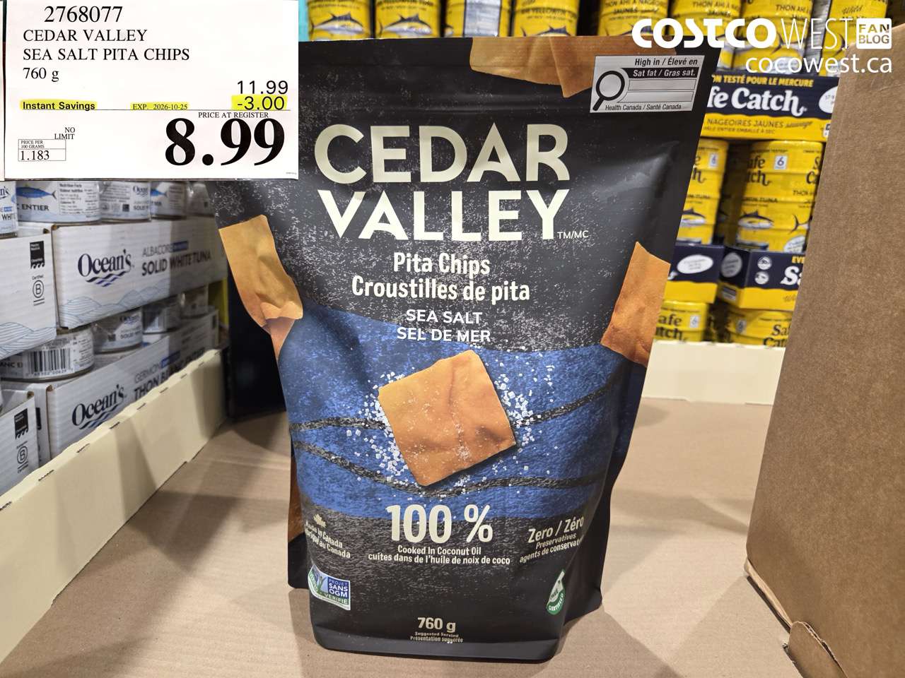 2768077 CEDAR VALLEY SEA SALT PITA CHIPS 760 G ($3.00 INSTANT SAVINGS EXPIRES ON 2026-10-25) $8.99