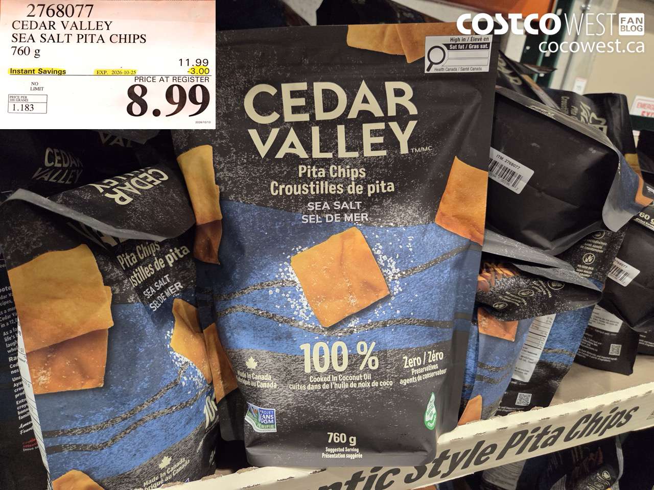 2768077 CEDAR VALLEY SEA SALT PITA CHIPS 760 G ($3.00 INSTANT SAVINGS EXPIRES ON 2026-10-25) $8.99