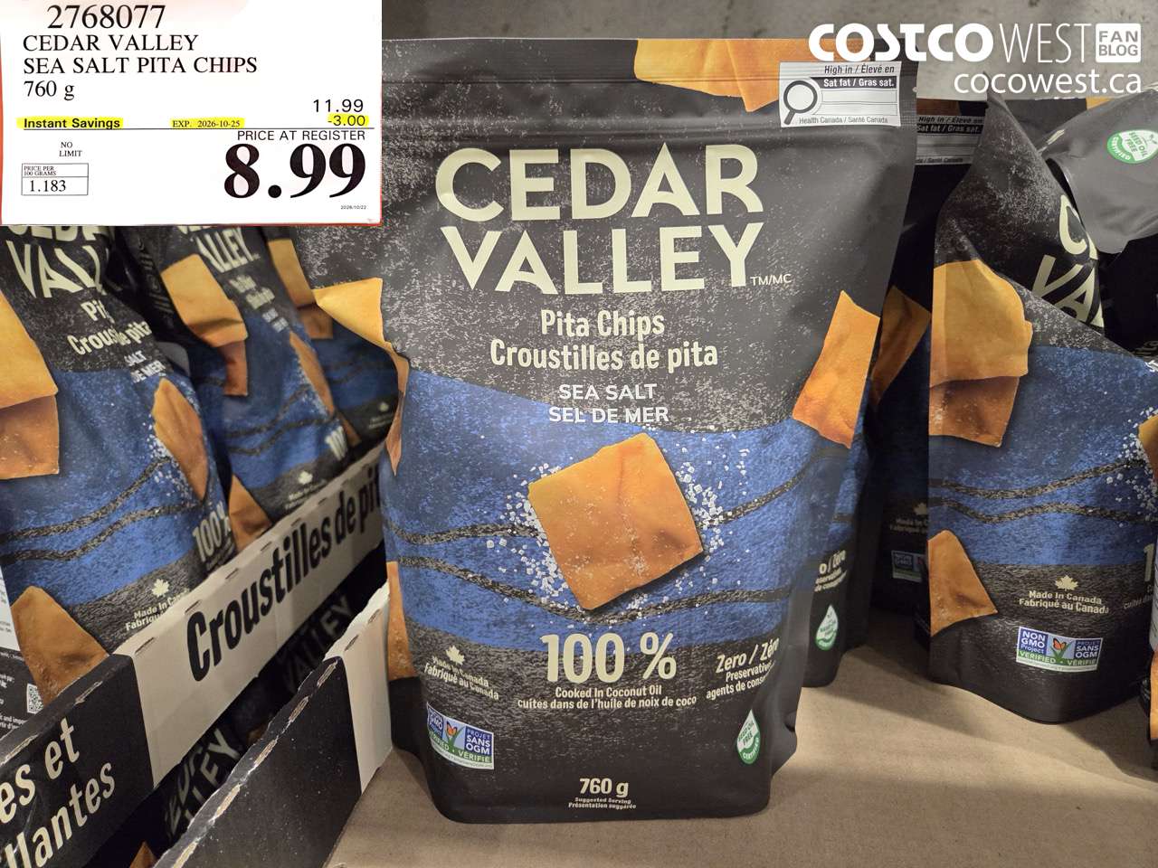2768077 CEDAR VALLEY SEA SALT PITA CHIPS 760 G ($3.00 INSTANT SAVINGS EXPIRES ON 2026-10-25) $8.99