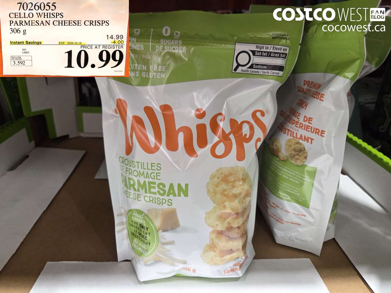 7026055 CELLO WHISPS PARMESAN CHEESE CRISPS 306 G ($4.00 INSTANT SAVINGS EXPIRES ON 2026-10-18) $10.99