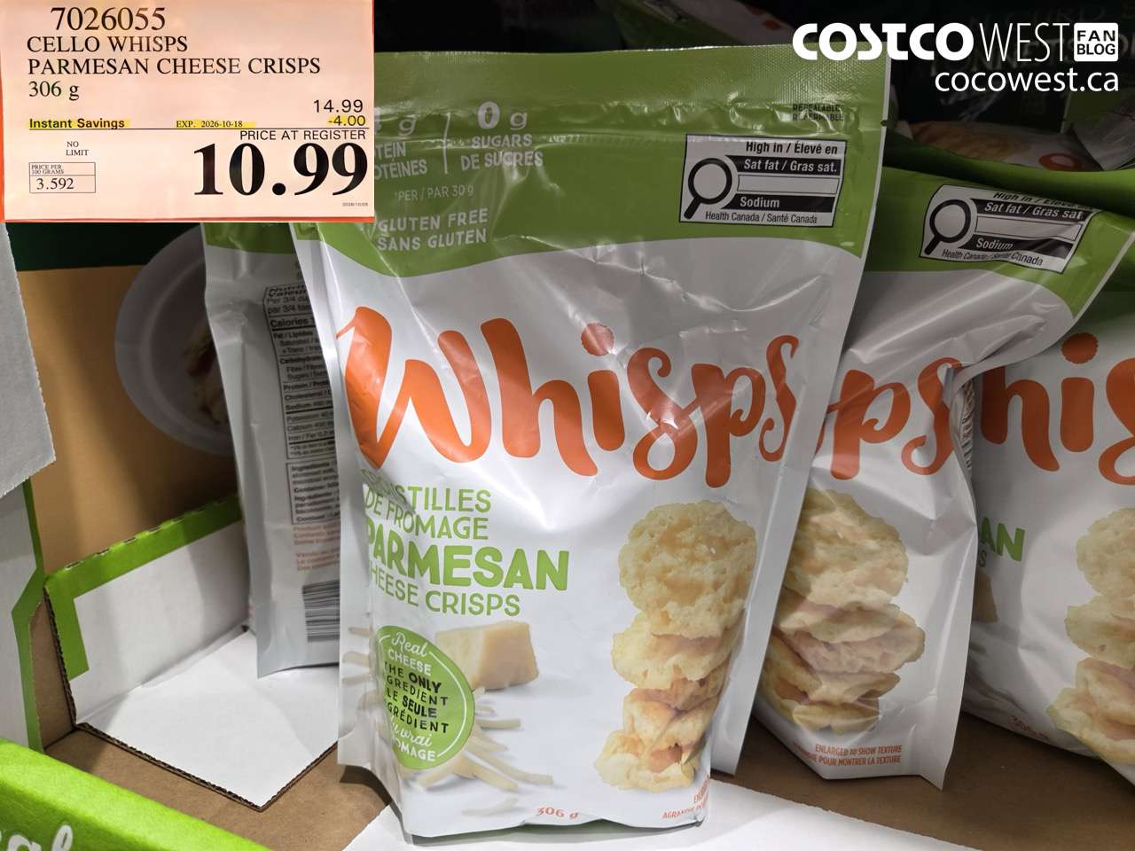 7026055 CELLO WHISPS PARMESAN CHEESE CRISPS 306 G ($4.00 INSTANT SAVINGS EXPIRES ON 2026-10-18) $10.99