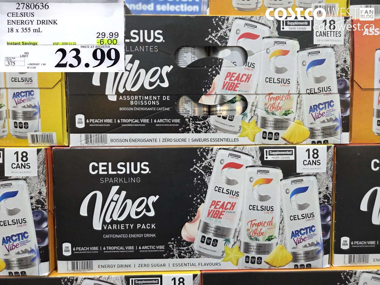 2780636 CELSIUS ENERGY DRINK 18 X 355 ML ($6.00 INSTANT SAVINGS EXPIRES ON 2026-11-22) $23.99