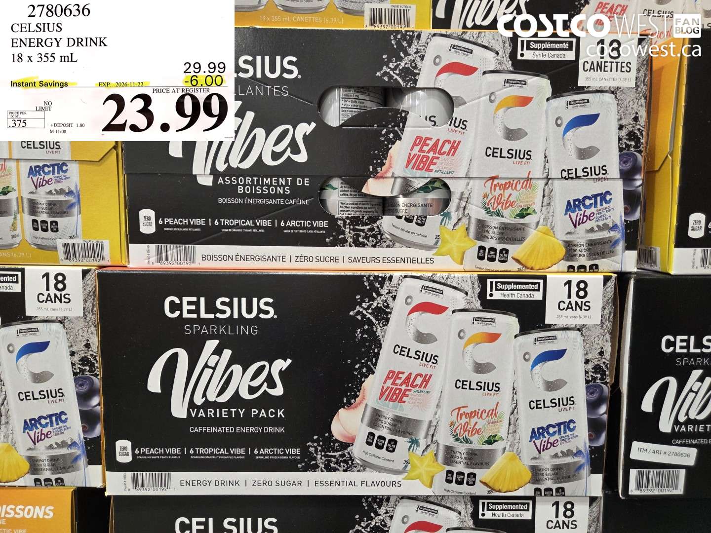2780636 CELSIUS ENERGY DRINK 18 X 355 ML ($6.00 INSTANT SAVINGS EXPIRES ON 2026-11-22) $23.99