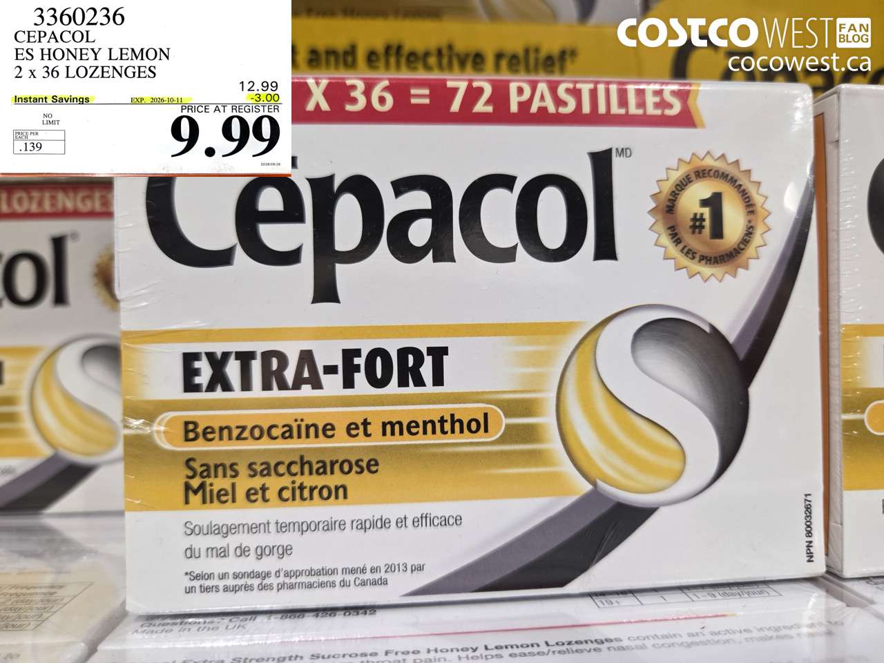 3360236 CEPACOL ES HONEY LEMON 2 X 36 LOZENGES ($3.00 INSTANT SAVINGS EXPIRES ON 2026-10-11) $9.99